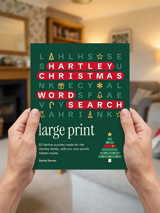 Christmas word search book cover with a family surname hidden in the grid