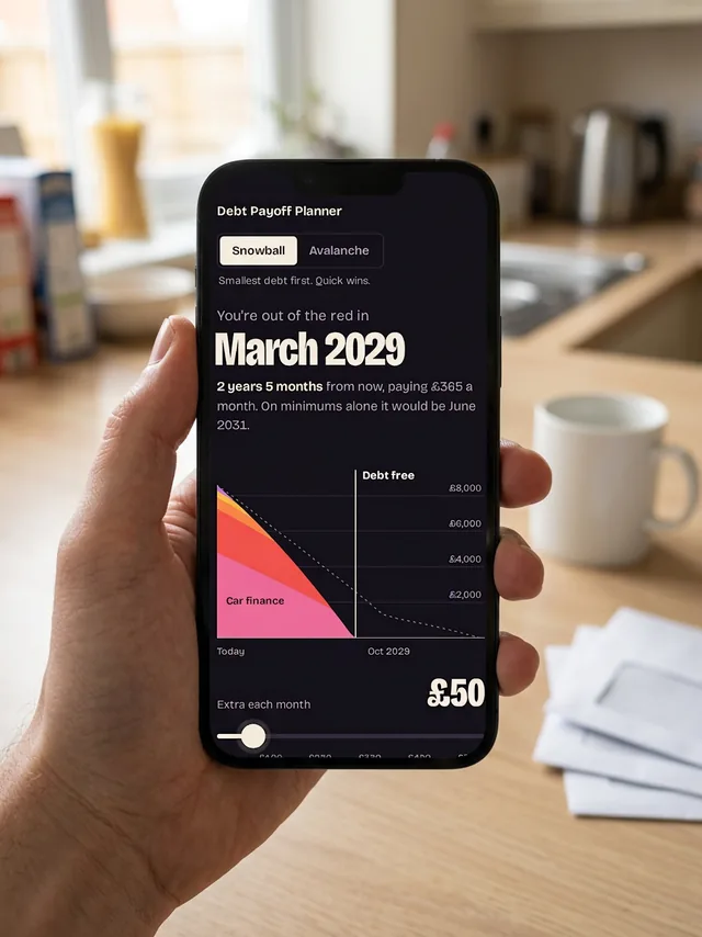 Debt Payoff Planner open on a phone, showing a debt-free date