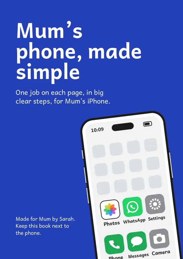 Phone guide cover reading Mum's phone, made simple, beside a drawn iPhone home screen