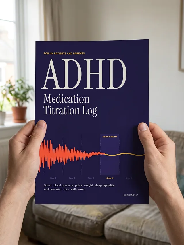 ADHD Medication Titration Log cover with a jagged line settling flat