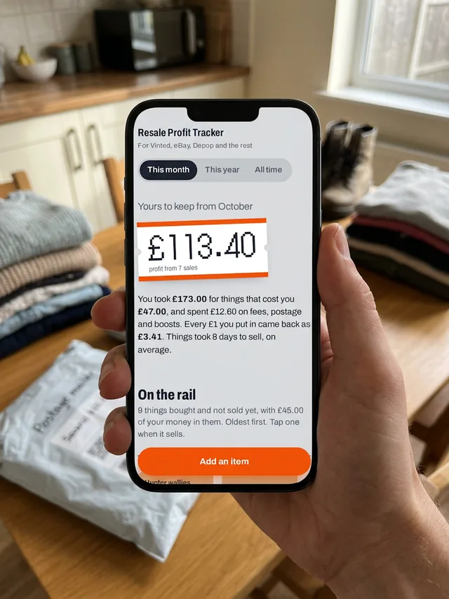 Resale Profit Tracker open on a phone, showing profit this month