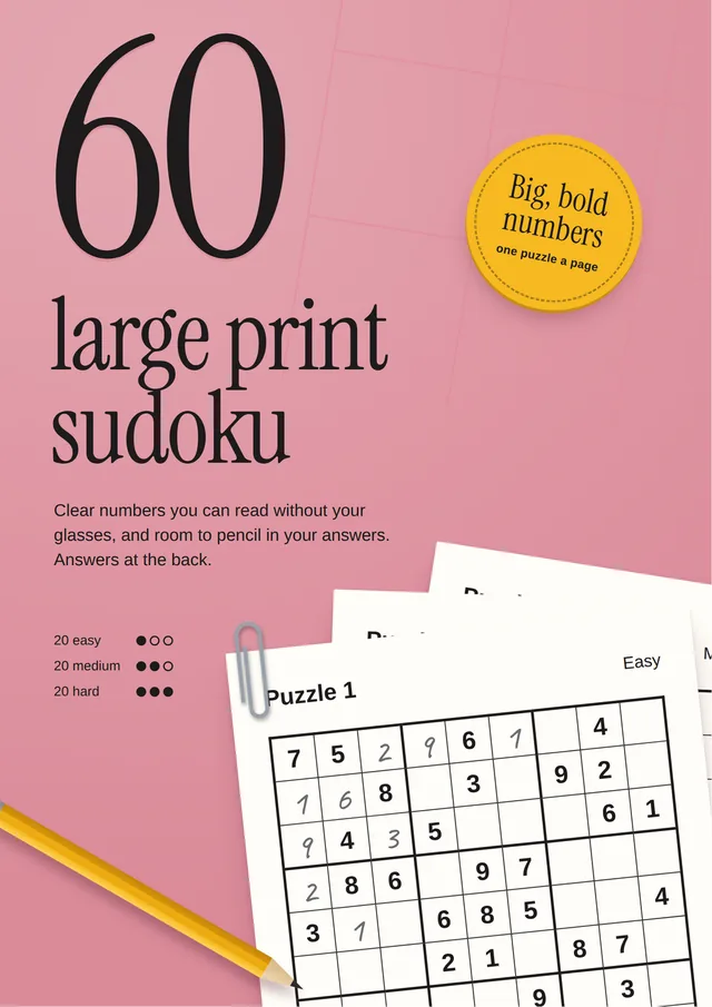 Large print sudoku book cover with a puzzle page and pencil