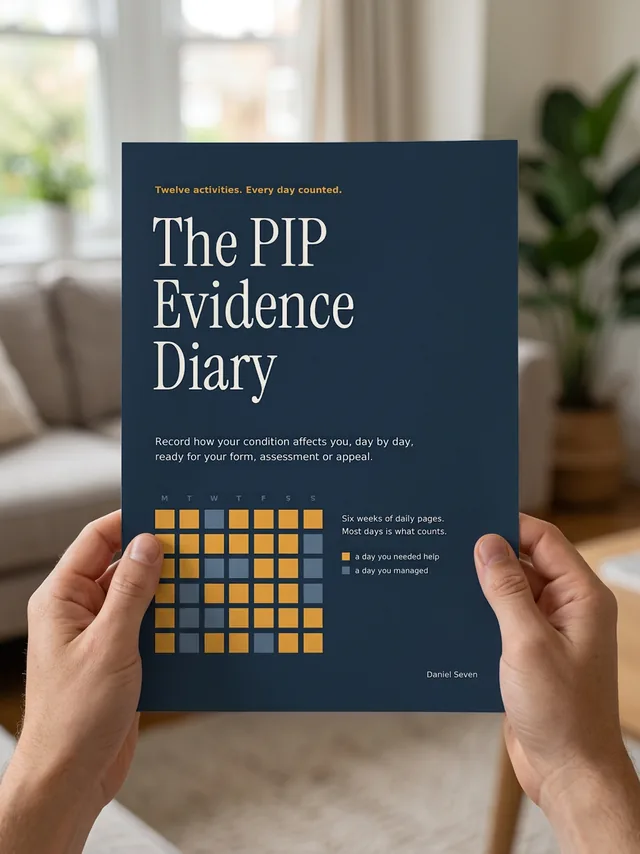 The PIP Evidence Diary cover with a grid of daily squares