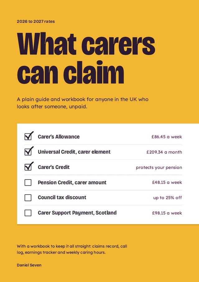 What Carers Can Claim booklet cover with a checklist of payments