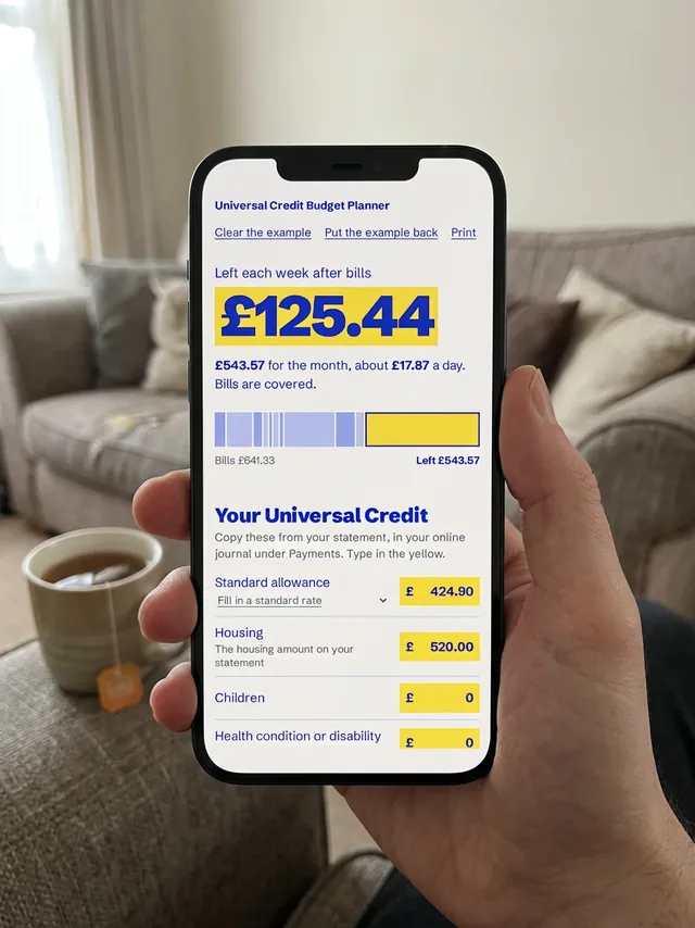 Universal Credit Budget Planner open on a phone, showing what is left each week